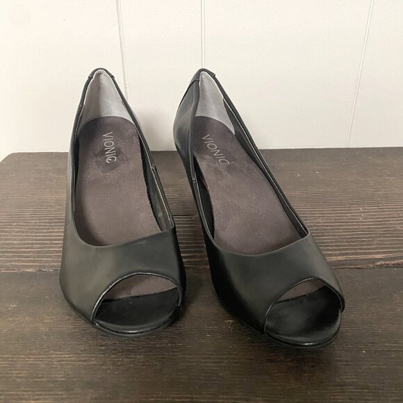NWOT Women's Vionic Proud Bria Peep Toe Wedges. Size 6.5. Black Leather. - Picture 1 of 6